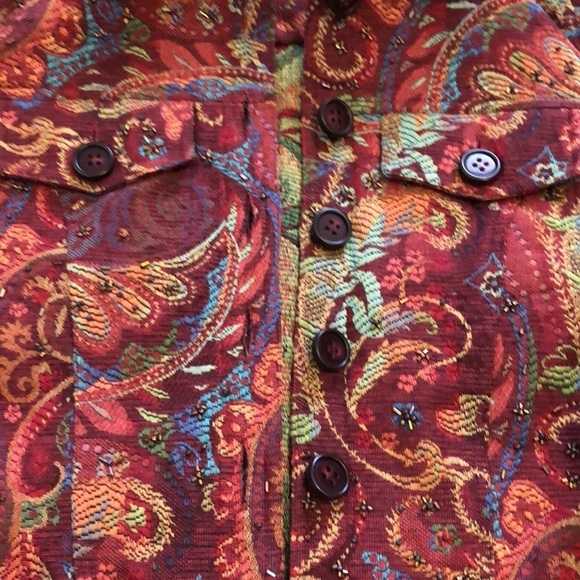 Coldwater Creek Womens Denim Jacket Sz XS Red Paisley Beads Western Boho Fall - Picture 2 of 6